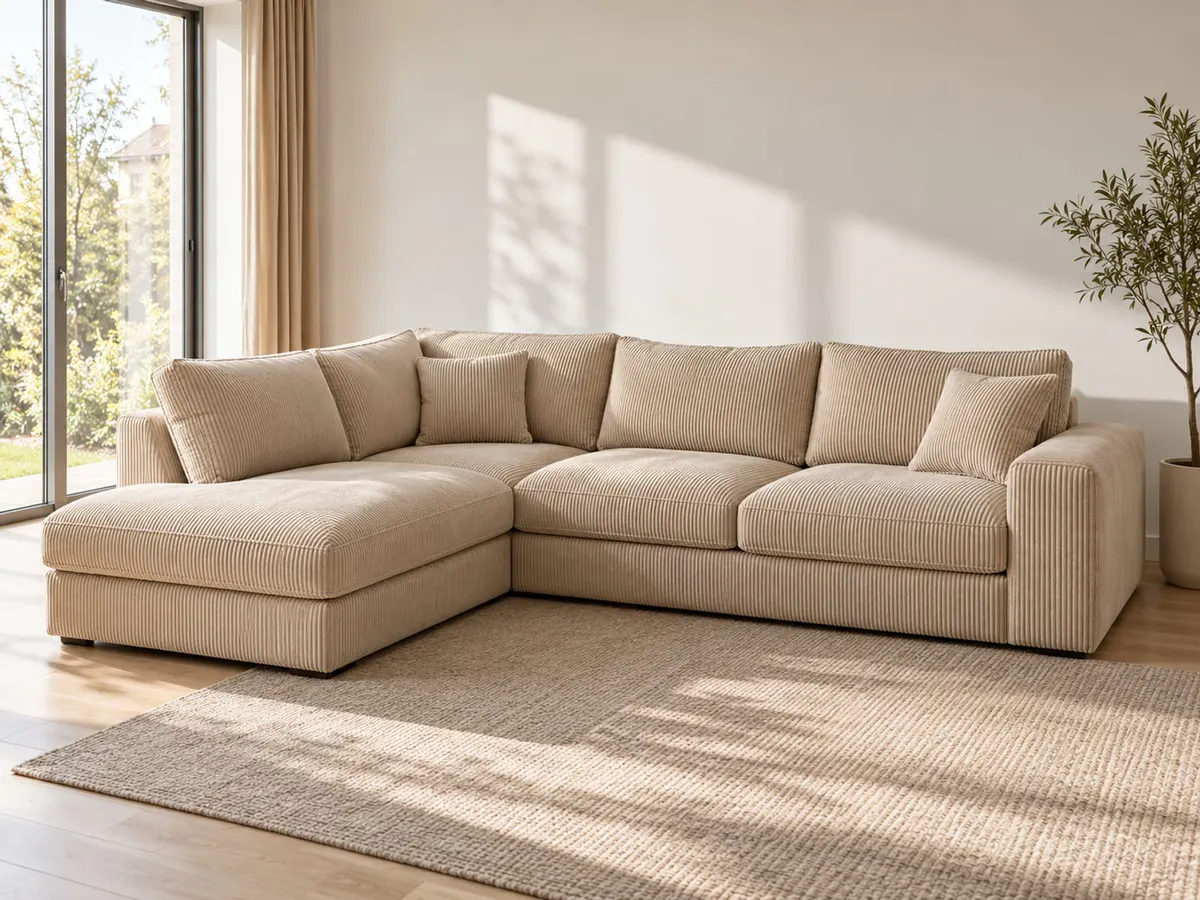 ecksofa Ecksofa mit Bettfunktion natur Microfaser von POCO in Natur in einem hellen Wohnzimmer