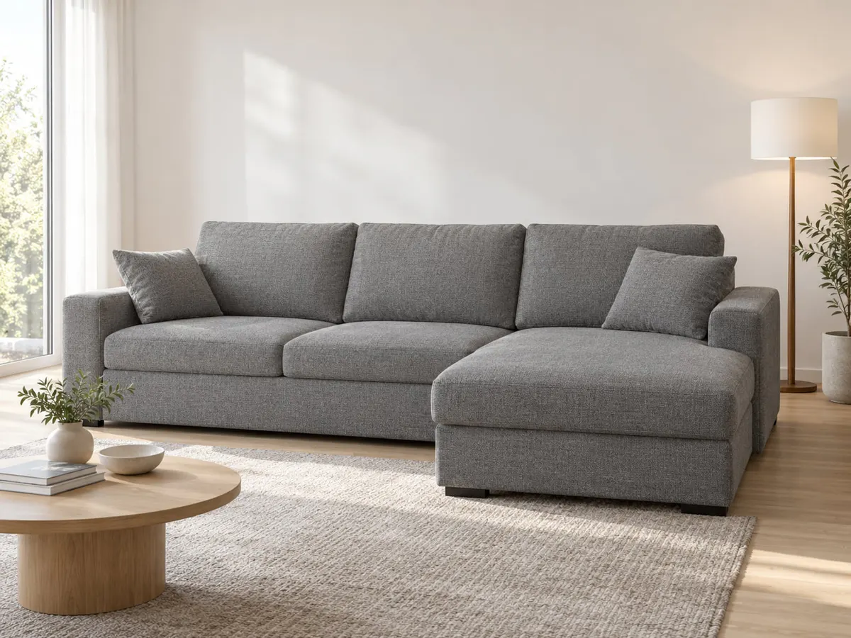ecksofa Ecksofa mit Bettfunktion und Bettkasten grau Webstoff von POCO in Grau in einem hellen Wohnzimmer