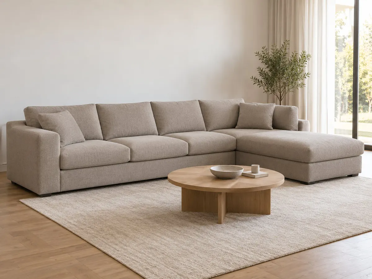 ecksofa Ecksofa mit Bettfunktion und Bettkasten Greige Flachgewebe von POCO in Greige in einem hellen Wohnzimmer