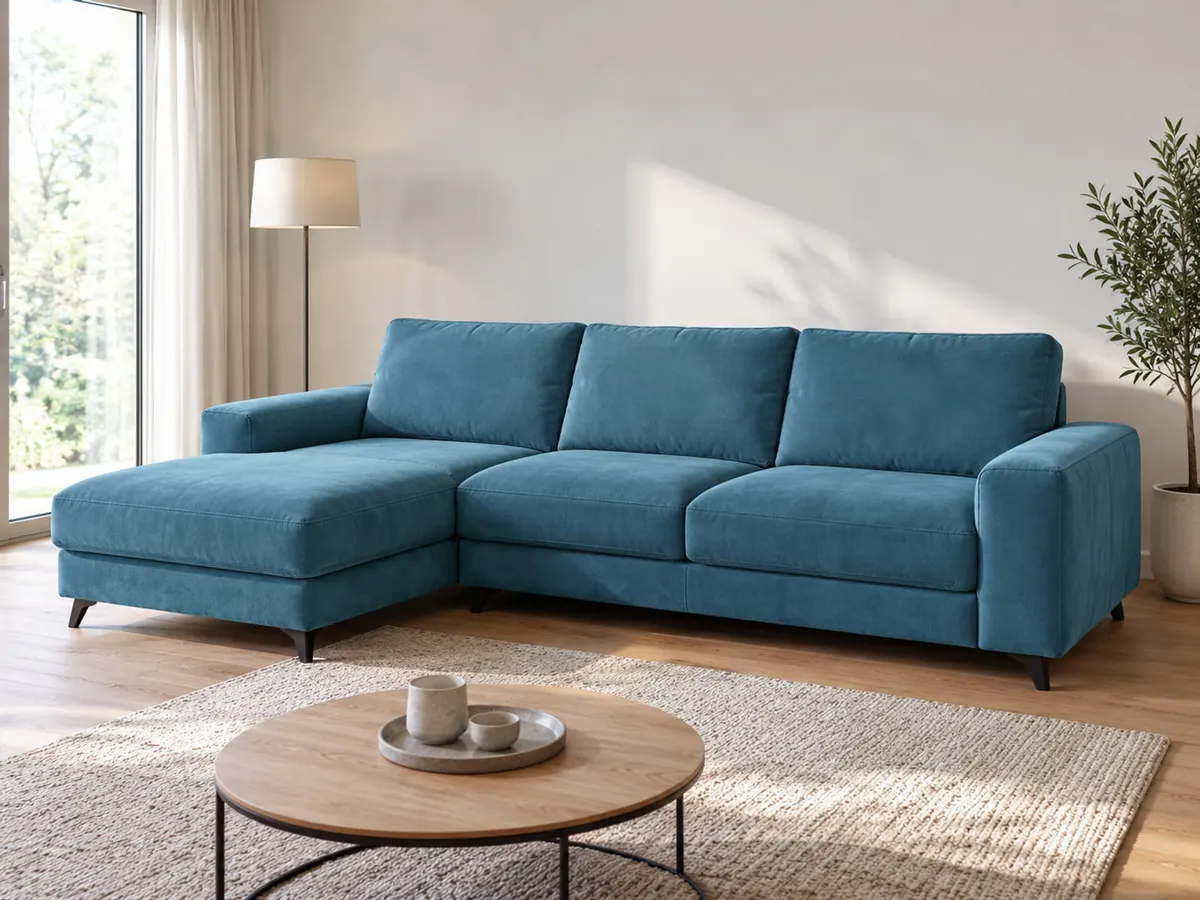 ecksofa Ecksofa mit Bettfunktion und Bettkasten lagunen blau Microfaser von POCO in Lagunenblau in einem hellen Wohnzimmer