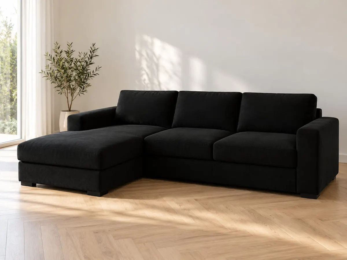 ecksofa Ecksofa mit Bettfunktion und Bettkasten schwarz Microfaser von Unbekannt in Schwarz in einem hellen Wohnzimmer