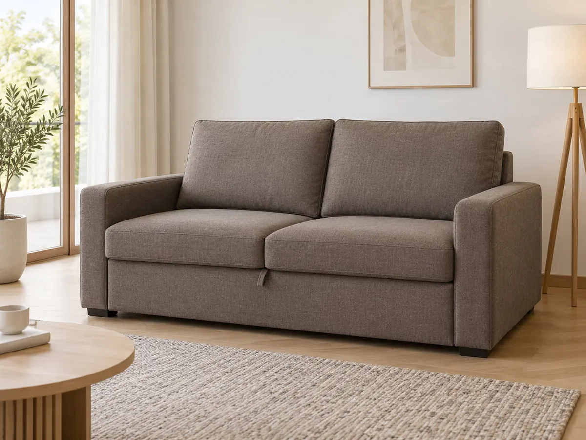 schlafsofa Schlafsofa Crystal braun grau von POCO in Braun-Grau in einem hellen Wohnzimmer