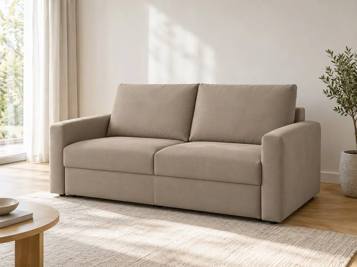 schlafsofa Schlafsofa Fiesta Greige Microfaser von POCO in Greige in einem hellen Wohnzimmer