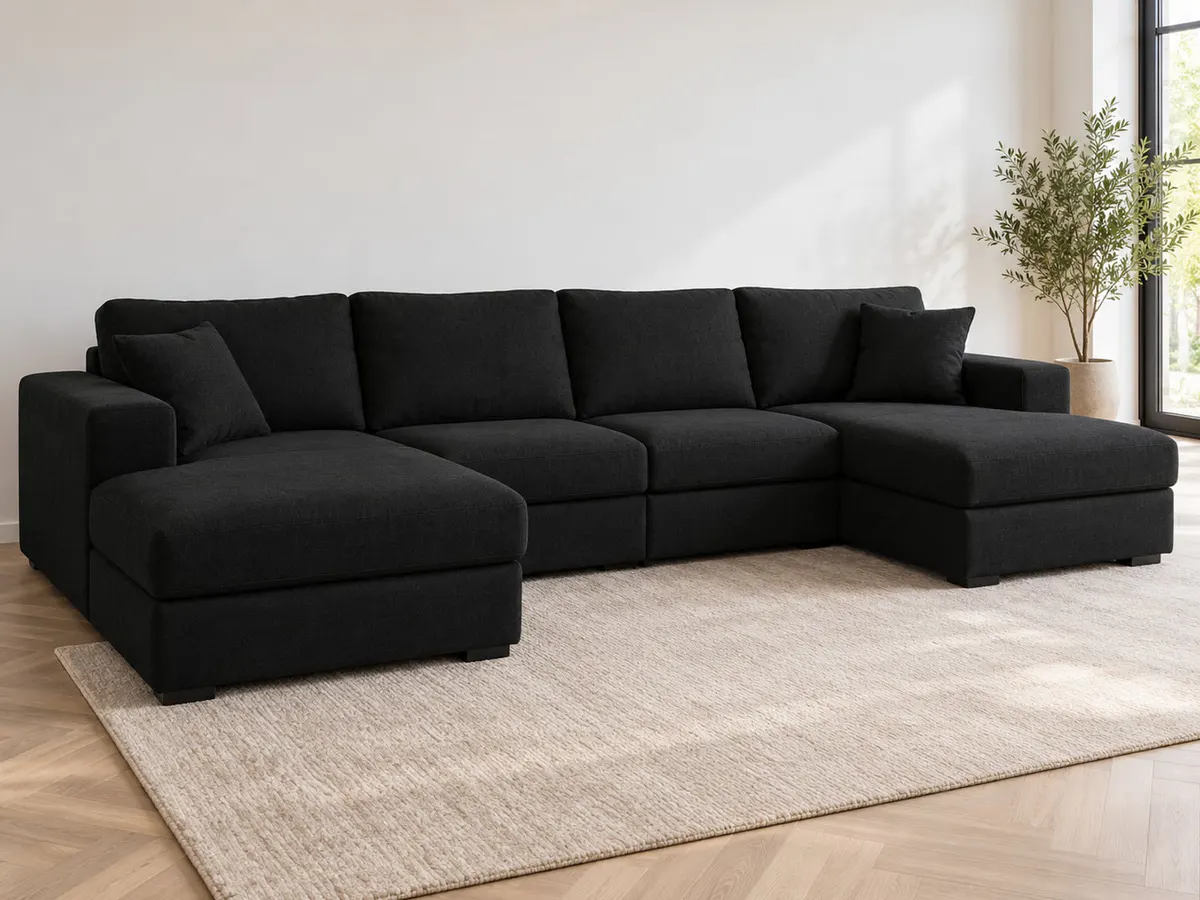 wohnlandschaft Wohnlandschaft Monica schwarz grau Flachgewebe von POCO in Schwarz in einem hellen Wohnzimmer