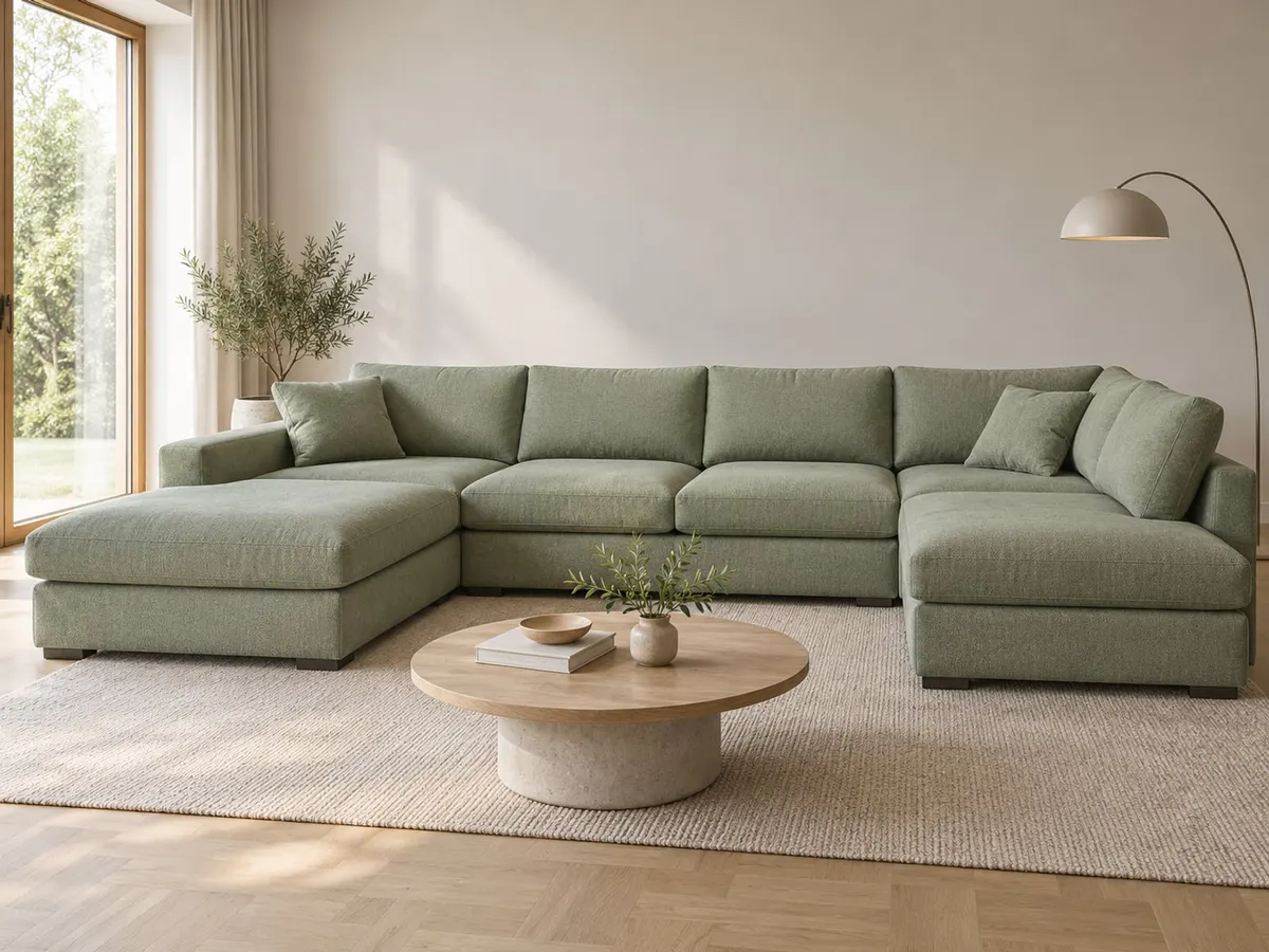 wohnlandschaft Wohnlandschaft salbei Webstoff von POCO in Salbei in einem hellen Wohnzimmer