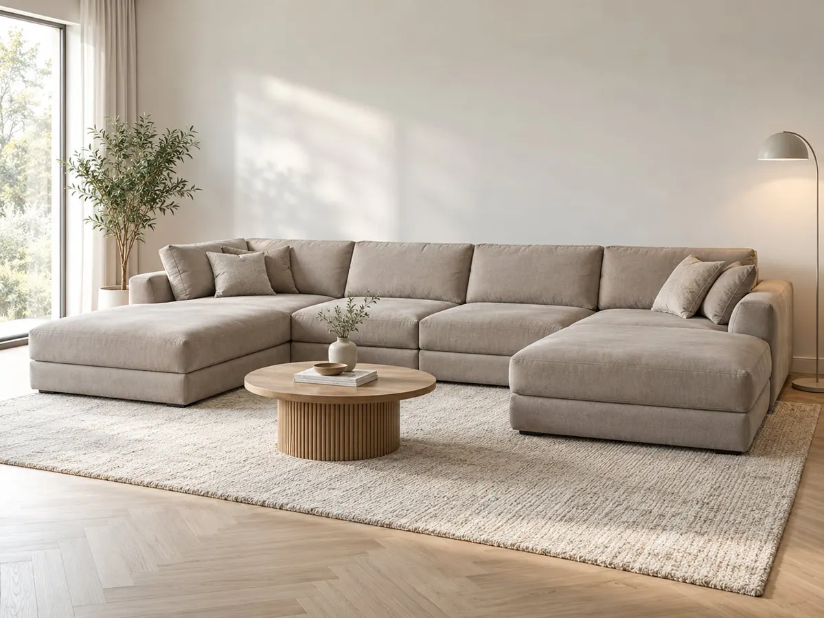 wohnlandschaft Wohnlandschaft Santorin Greige Microfaser von POCO in Greige in einem hellen Wohnzimmer