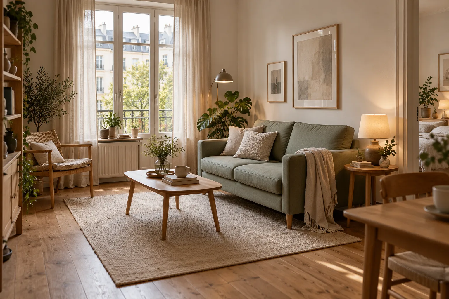 Ein kompaktes Sofa und ein schmaler Couchtisch lassen im kleinen Wohnzimmer Platz zum Gehen.
