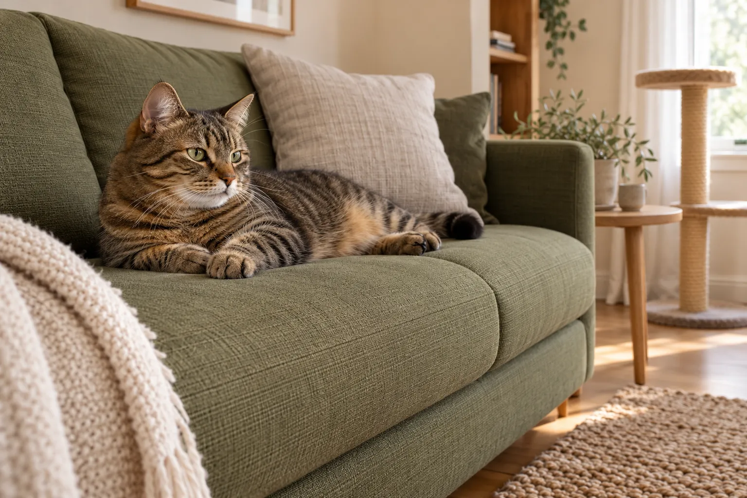 Eine Katze liegt auf einem Sofa mit dicht gewebtem Bezug.