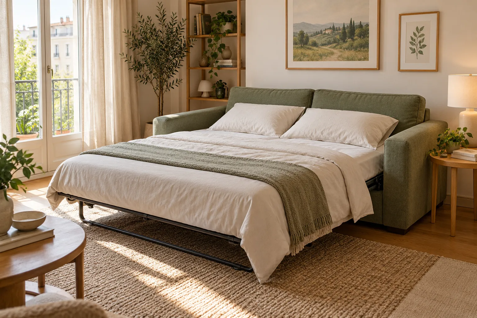 Ein ausgeklapptes Schlafsofa bildet eine ebene Liegefläche im Wohnzimmer.