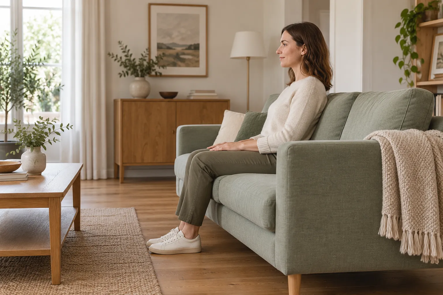 Eine Frau sitzt mit gestütztem Rücken auf dem Sofa und stellt beide Füße auf den Boden.
