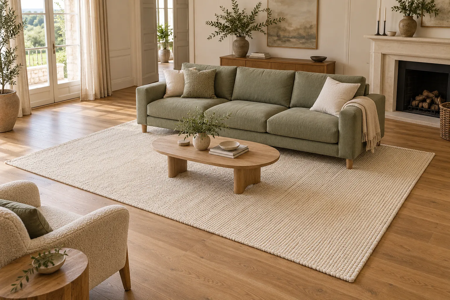 Ein Teppich verbindet Sofa, Sessel und Couchtisch zu einer Sitzgruppe.