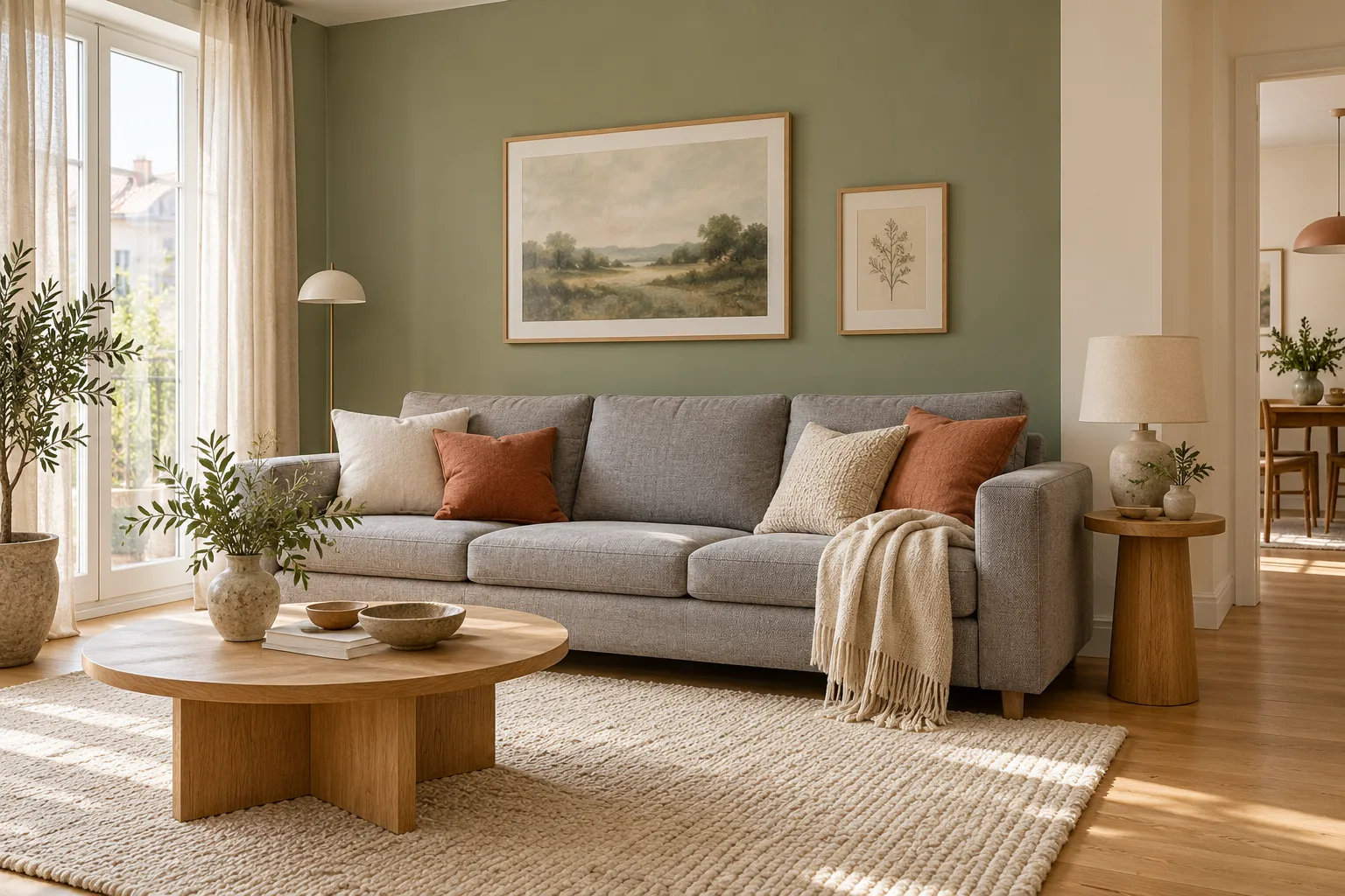 Ein graues Sofa steht vor einer salbeigrünen Wand neben einer cremefarbenen Wand.