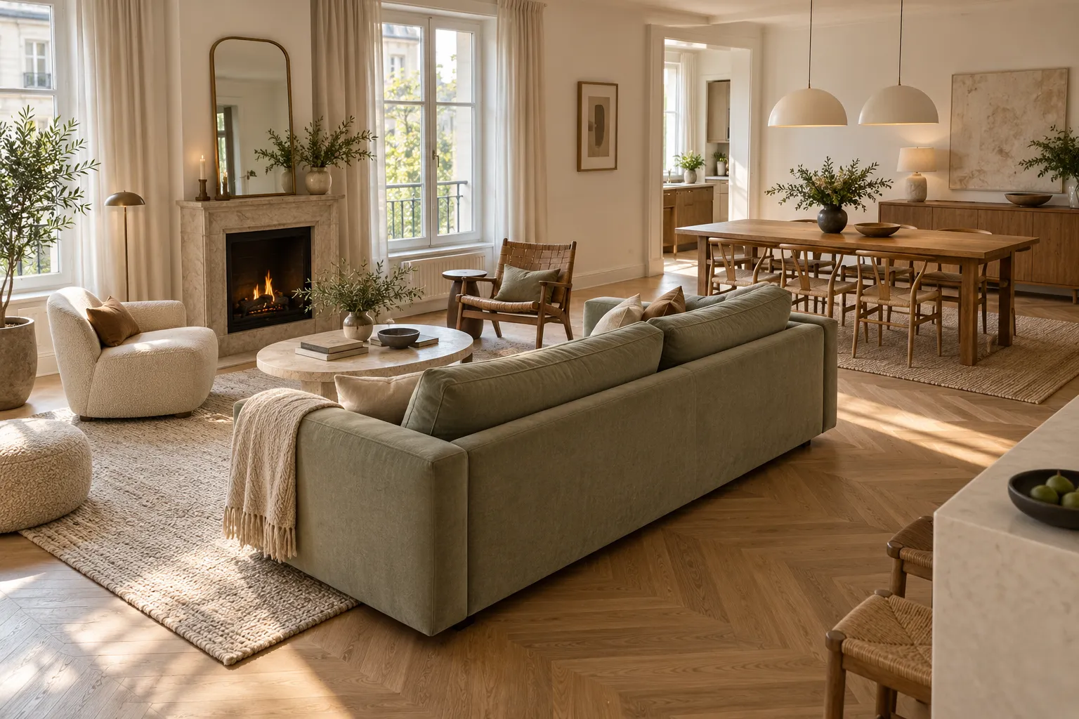 Ein frei stehendes Sofa gliedert den Wohnraum und lässt Wege offen.