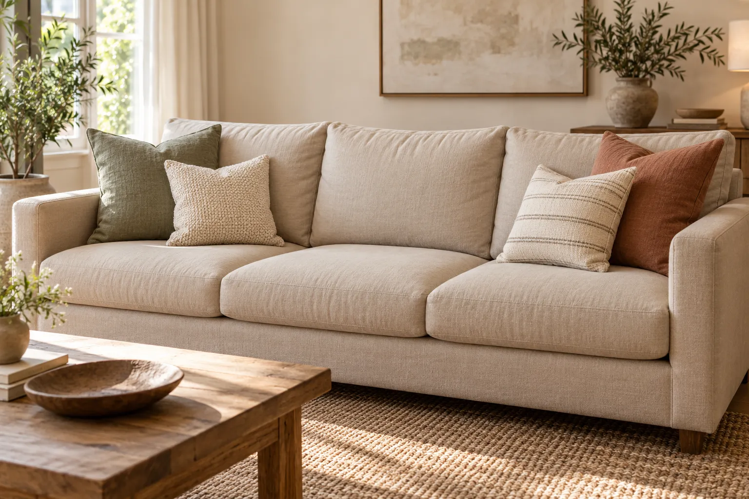 Kissen in verschiedenen Größen und Strukturen liegen abgestimmt auf einem Sofa.