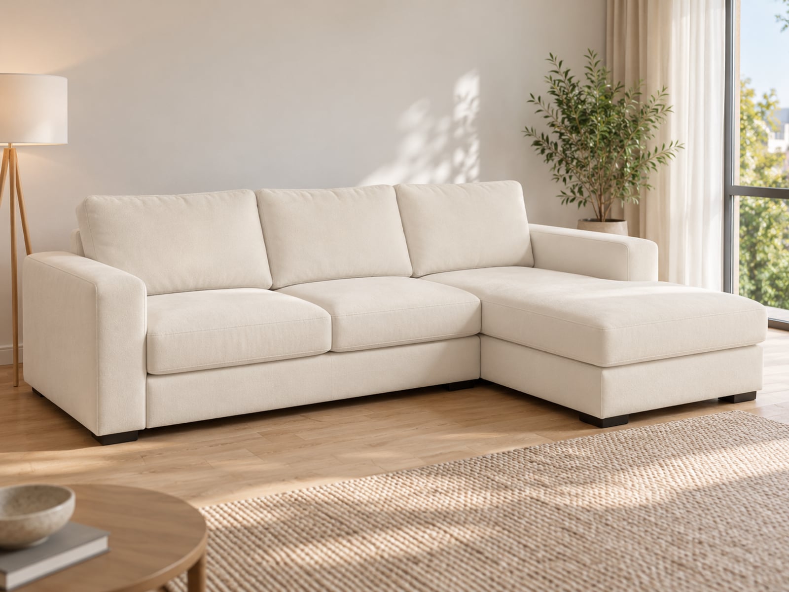 ecksofa Ecksofa creme Microfaser von POCO in Creme in einem hellen Wohnzimmer