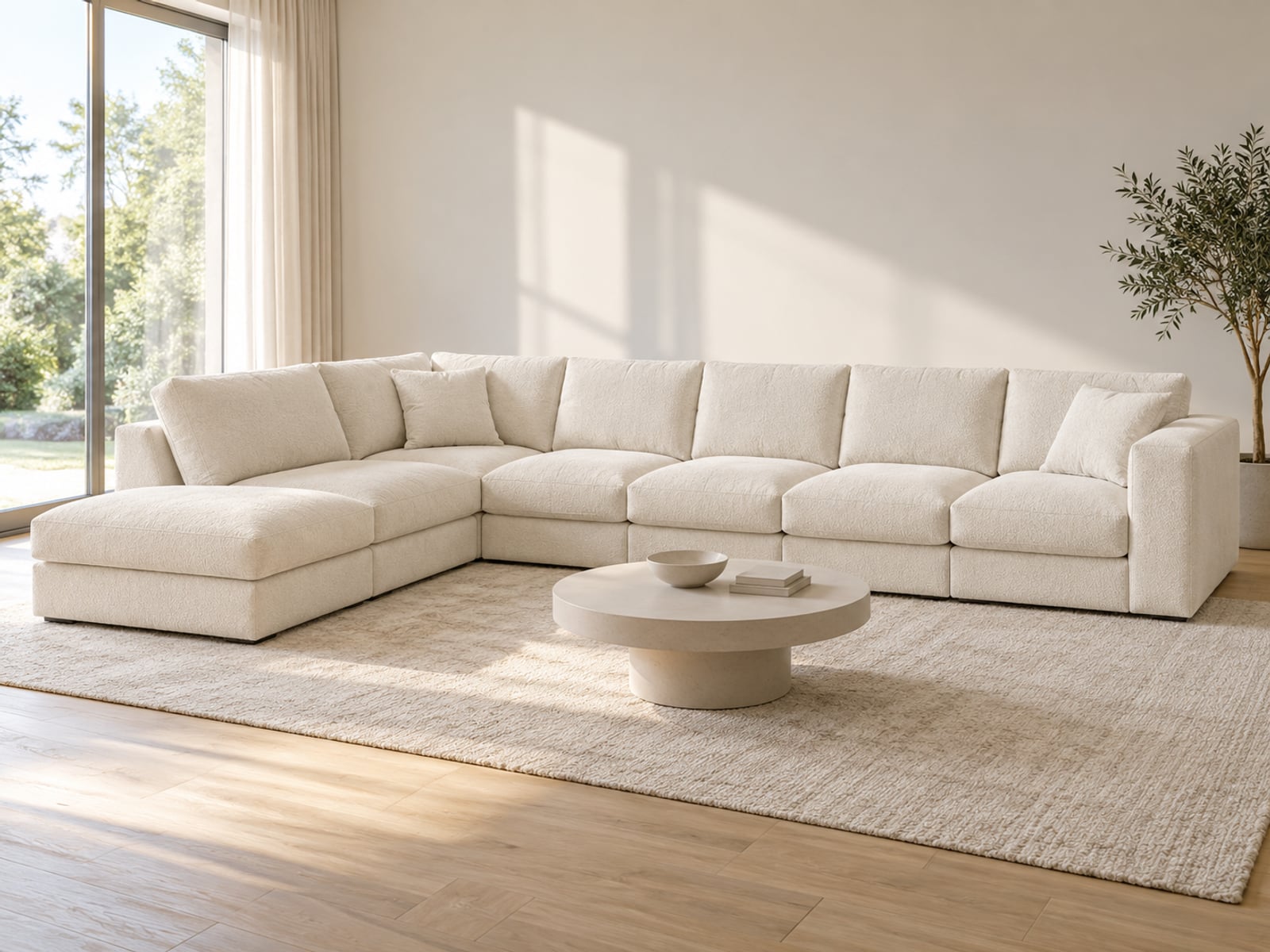 ecksofa Ecksofa elfenbein Microfaser von POCO in Elfenbein in einem hellen Wohnzimmer